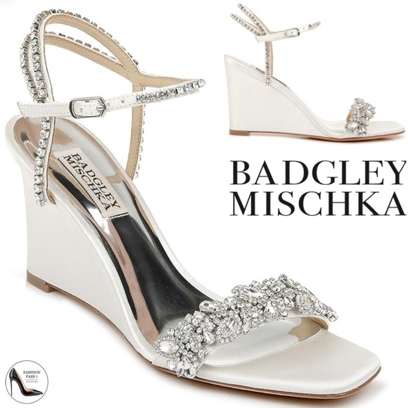 Badgley Mischka Jenna Crystal Embellished Evening Wedge Sandals White Satin 10